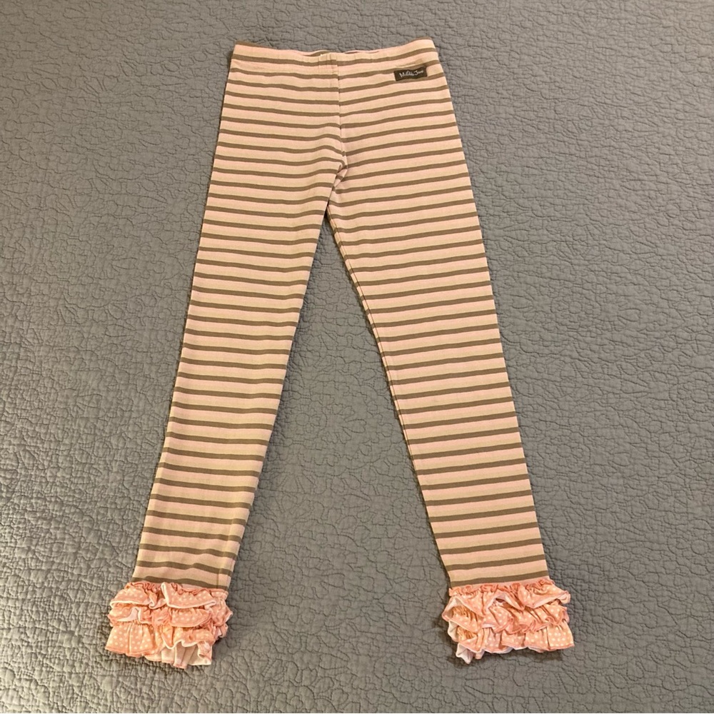 Matilda Jane Pink Tan Brown Striped Ruffle Leggings girls size 10 Bennys Pants